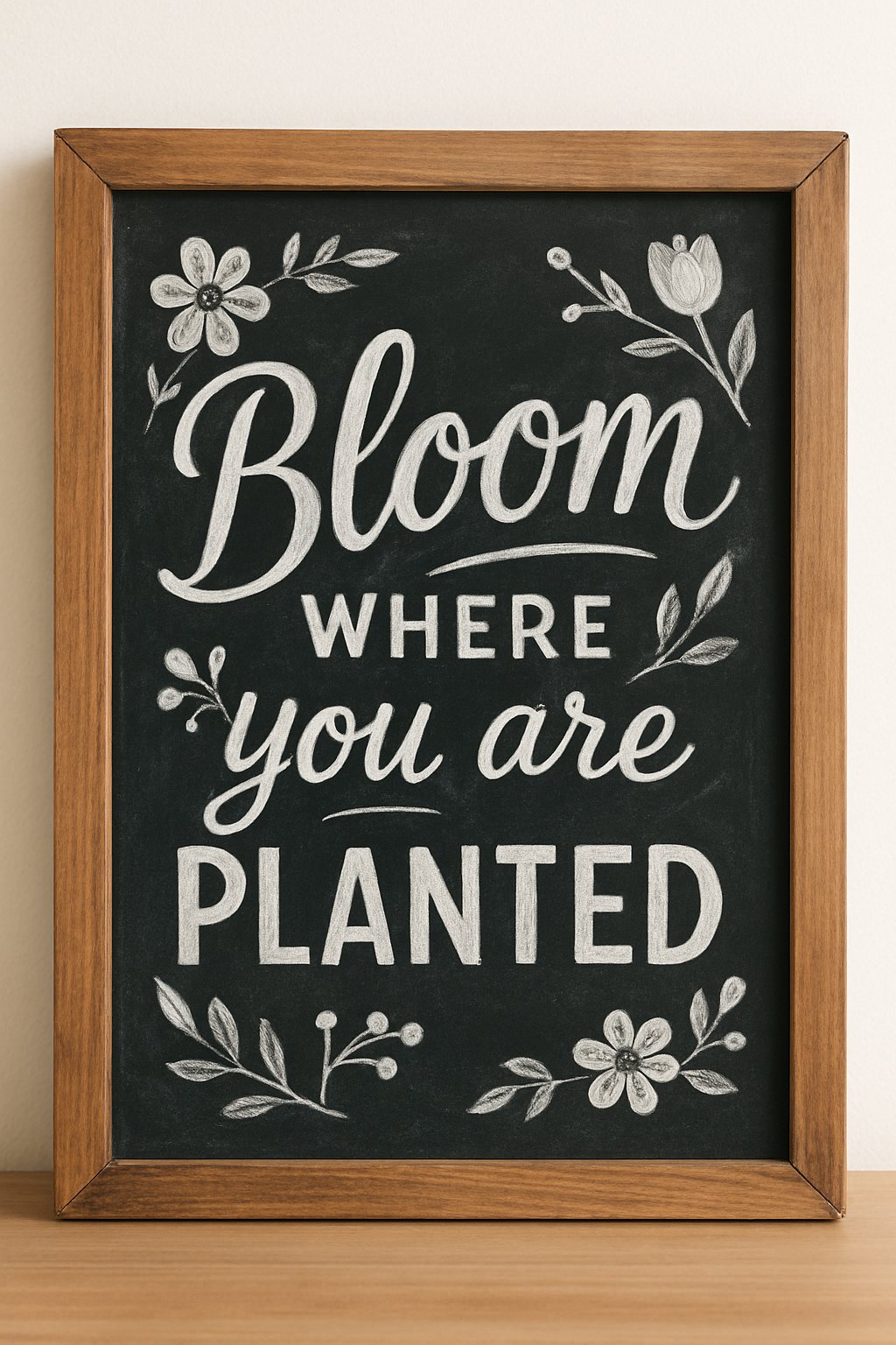 A wood-framed chalkboard sign with artistic lettering surrounded by spring flowers and leaves.