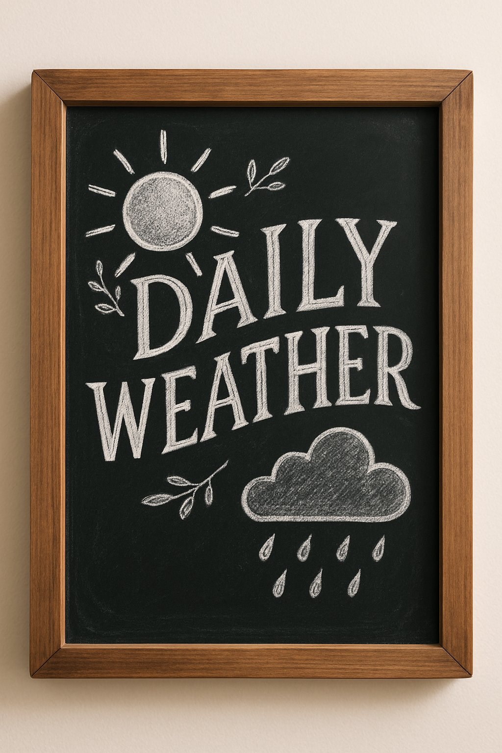 A wood framed chalkboard sign featuring sun and rain icons arranged as a daily weather tracker, with a clean background and natural lighting.