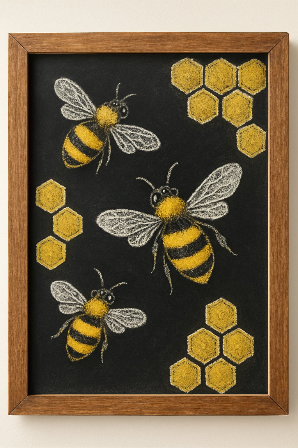 A wooden framed chalkboard with drawings of bees and honeycomb patterns on a clean background.