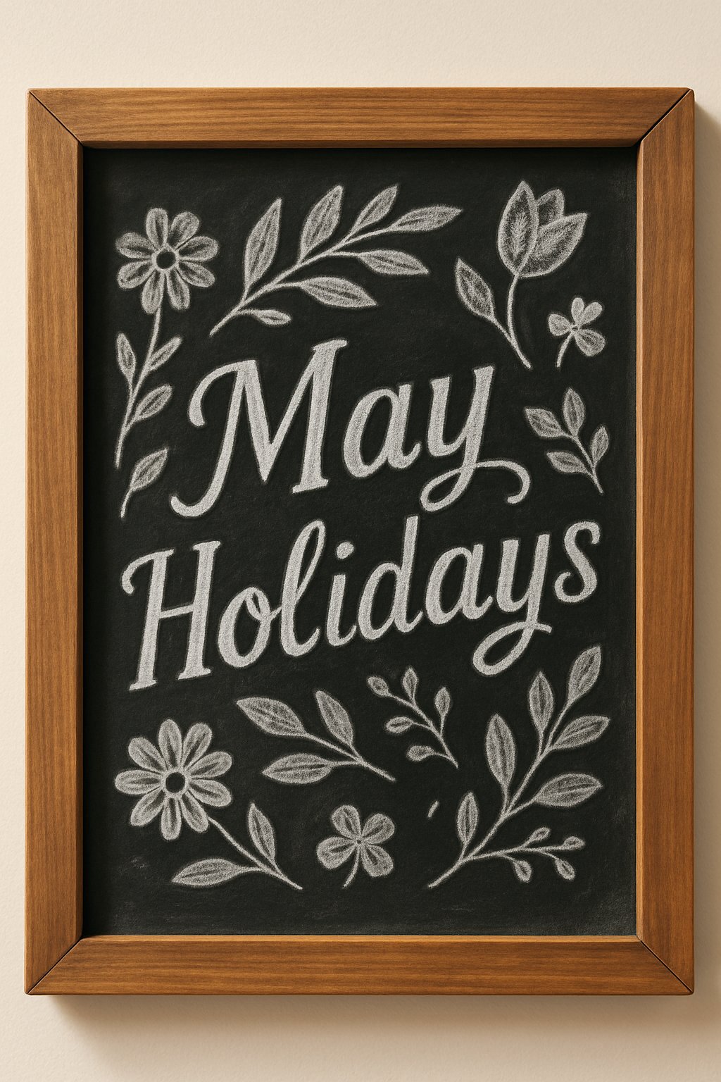 A wood framed chalkboard with floral and leafy decorations around the edges, set against a clean background.