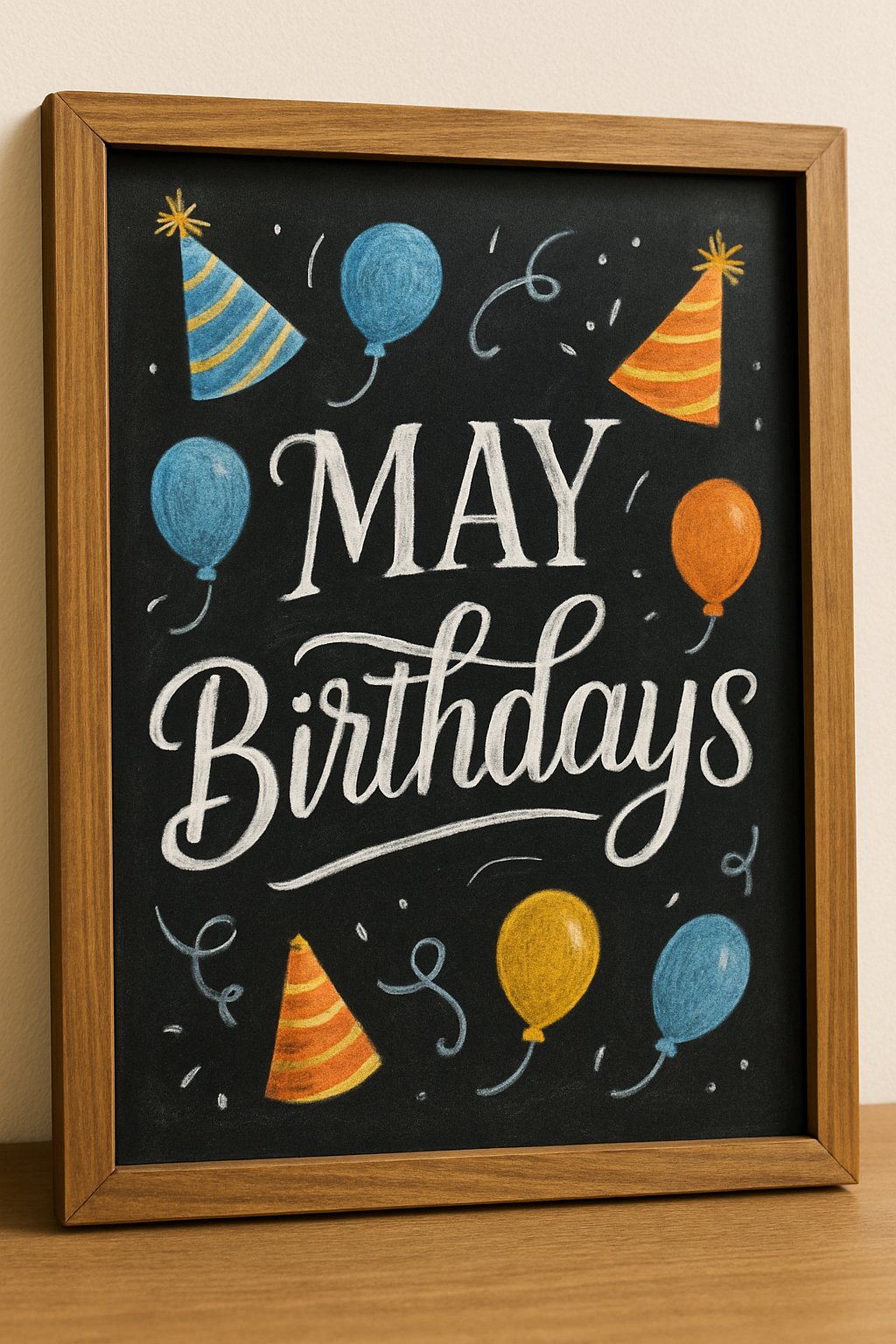 A wood-framed chalkboard decorated with hand-drawn party hats and balloons.