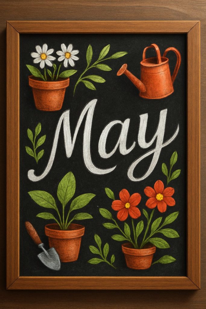 A chalkboard with “May” written in white, surrounded by drawings of potted flowers, green leaves, a red watering can, and a small garden trowel, all in a wooden frame.