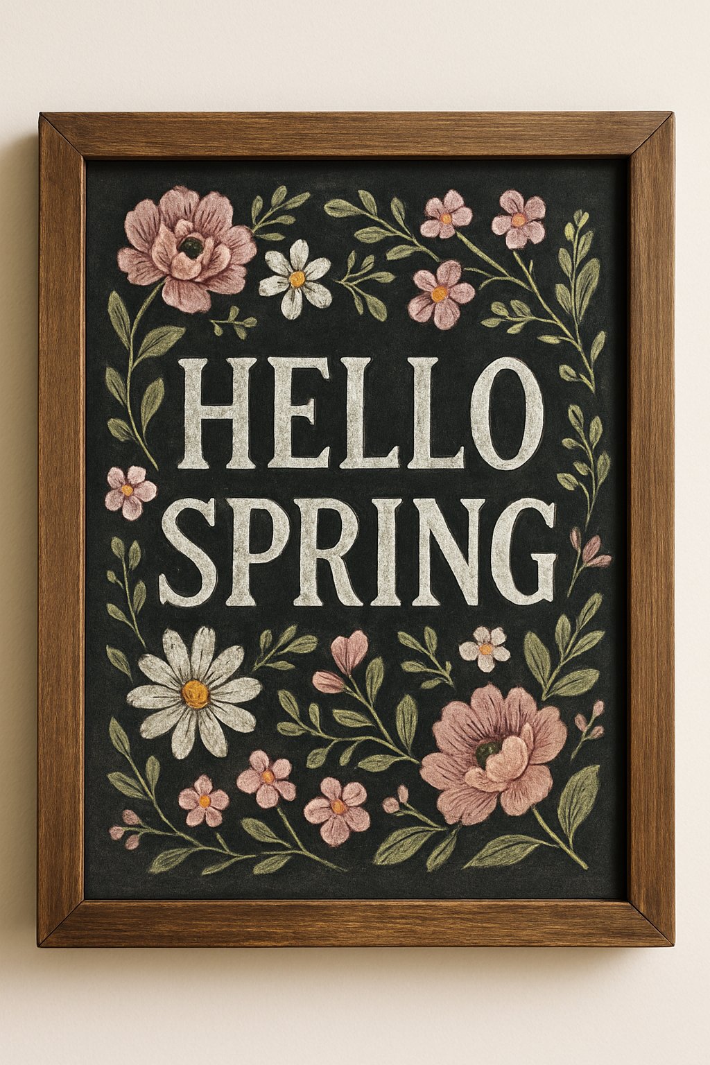 A wood framed chalkboard sign decorated with floral illustrations and artistic lettering, set against a clean background with soft natural lighting.