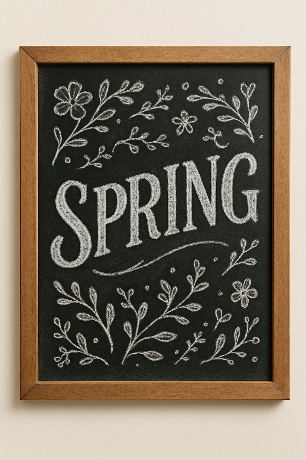 A wood framed chalkboard with artistic chalk lettering and spring-themed decorative accents, displayed on a clean surface with natural light.