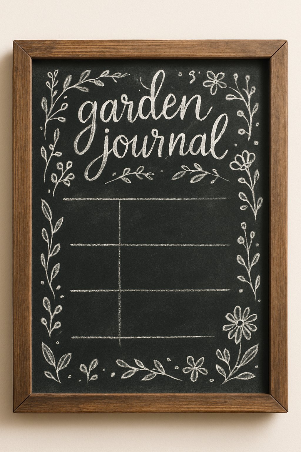 A wood-framed chalkboard sign displaying a garden journal layout with decorative plant illustrations on a clean background.