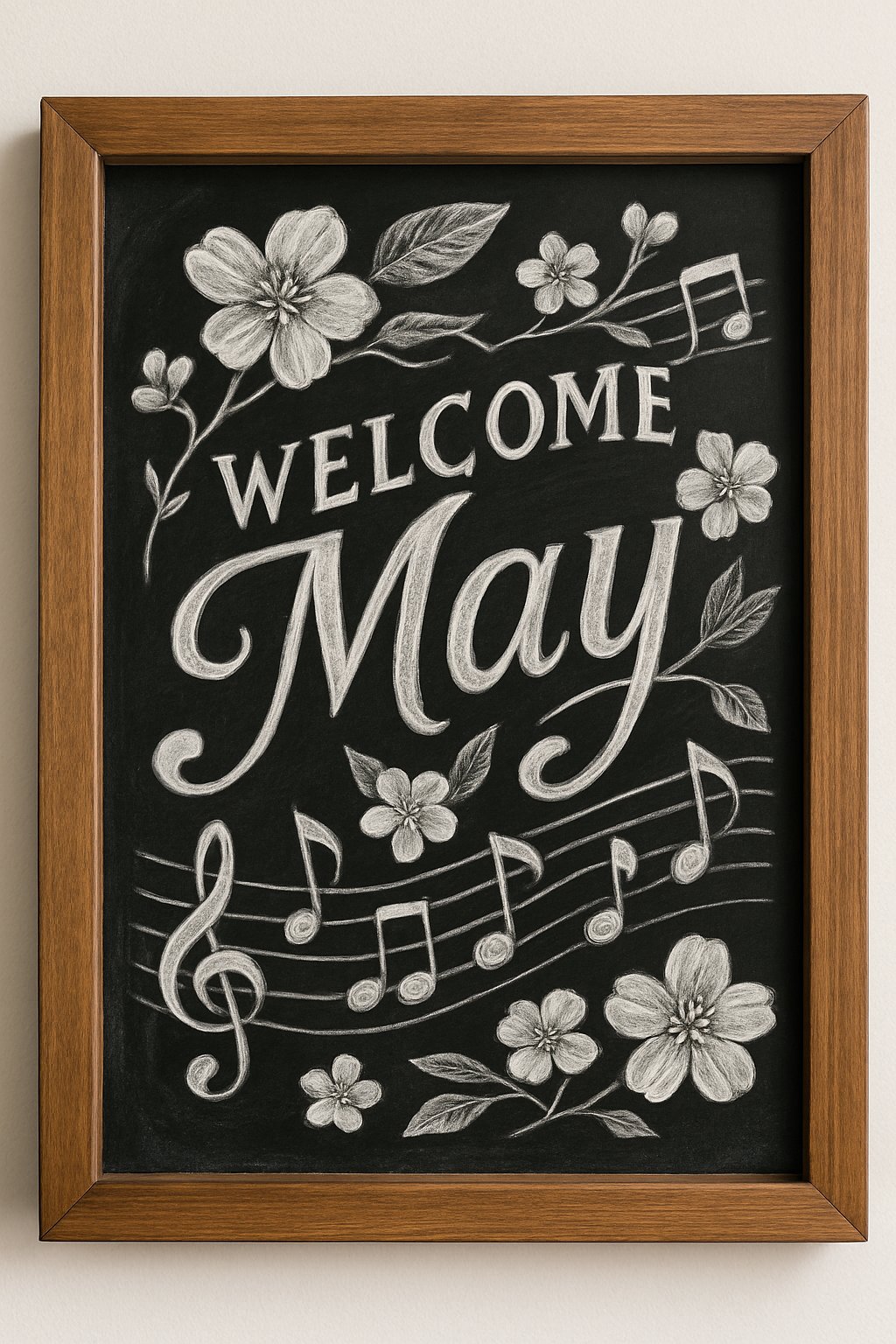 A wood framed chalkboard with artistic drawings of musical notes and spring flowers.