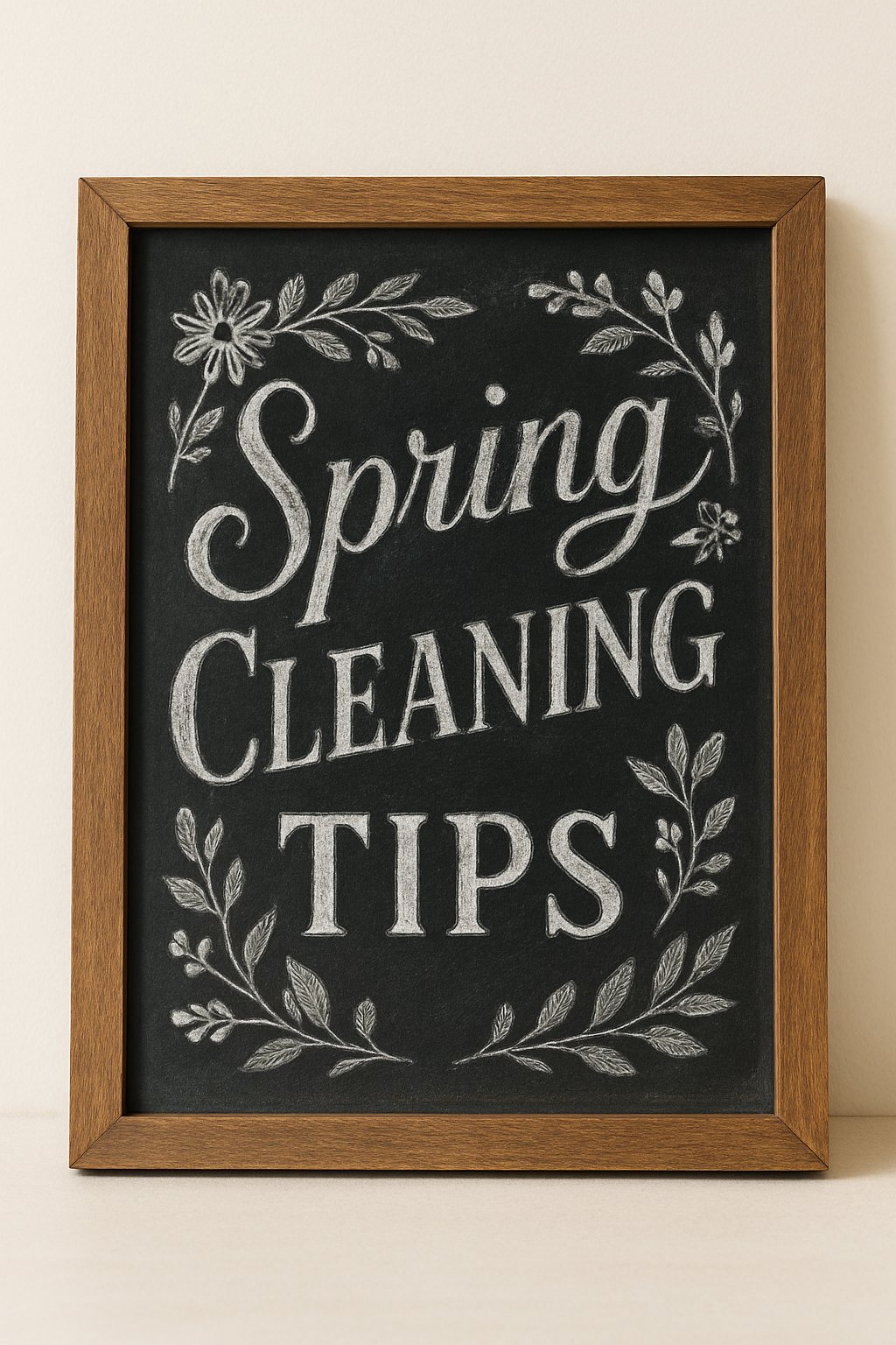 A wood-framed chalkboard sign with artistic chalk lettering surrounded by spring-themed floral accents on a clean background.