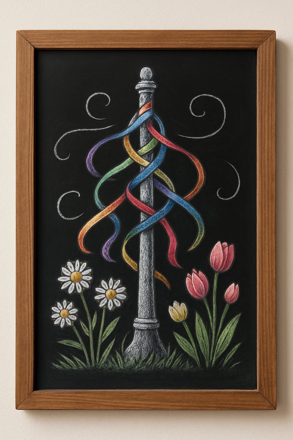 A wood framed chalkboard showing a detailed chalk drawing of a Maypole with ribbons and spring flowers at its base.