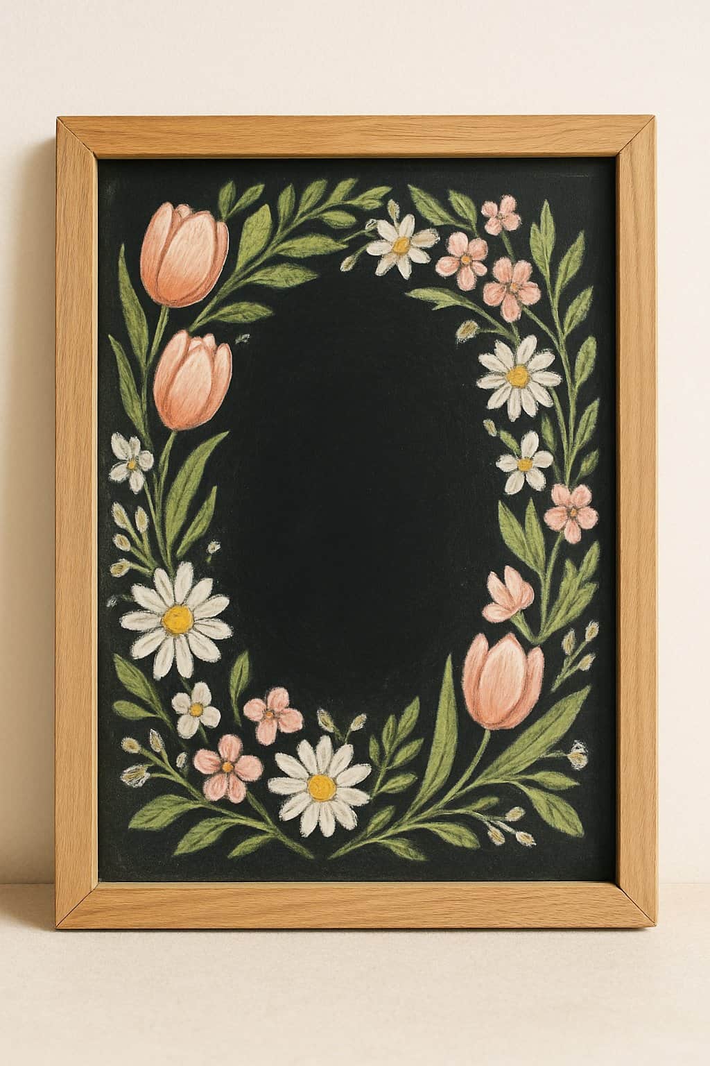A wood framed chalkboard with a floral wreath around its edges, placed against a clean background with soft natural light.