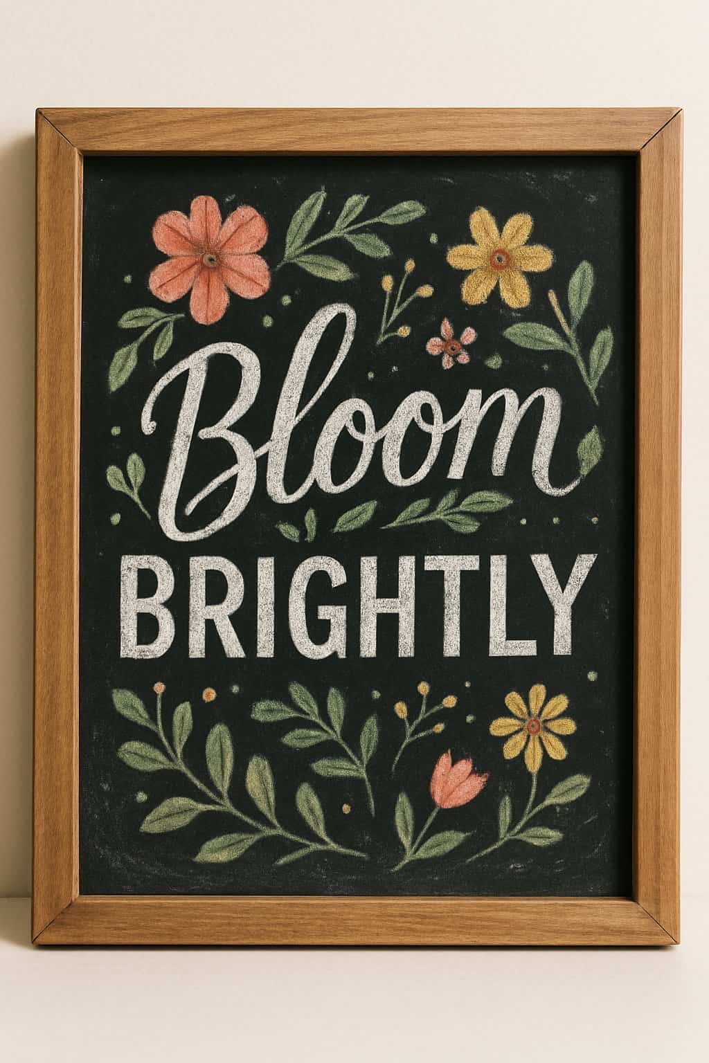 A wood framed chalkboard sign decorated with spring flowers and artistic chalk lettering in a bright, natural setting.