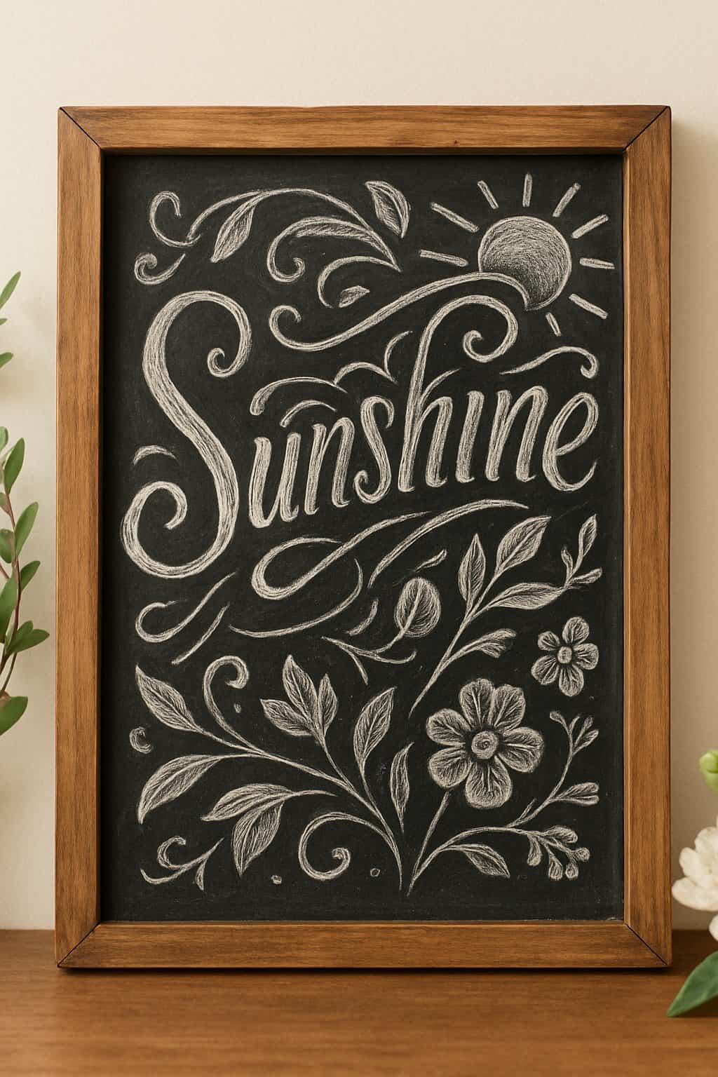 A wood framed chalkboard sign with decorative hand lettering surrounded by subtle springtime floral accents.