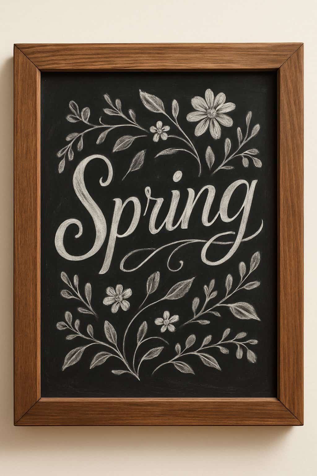 A wooden framed chalkboard sign with artistic spring-themed lettering and floral decorations on a clean background.
