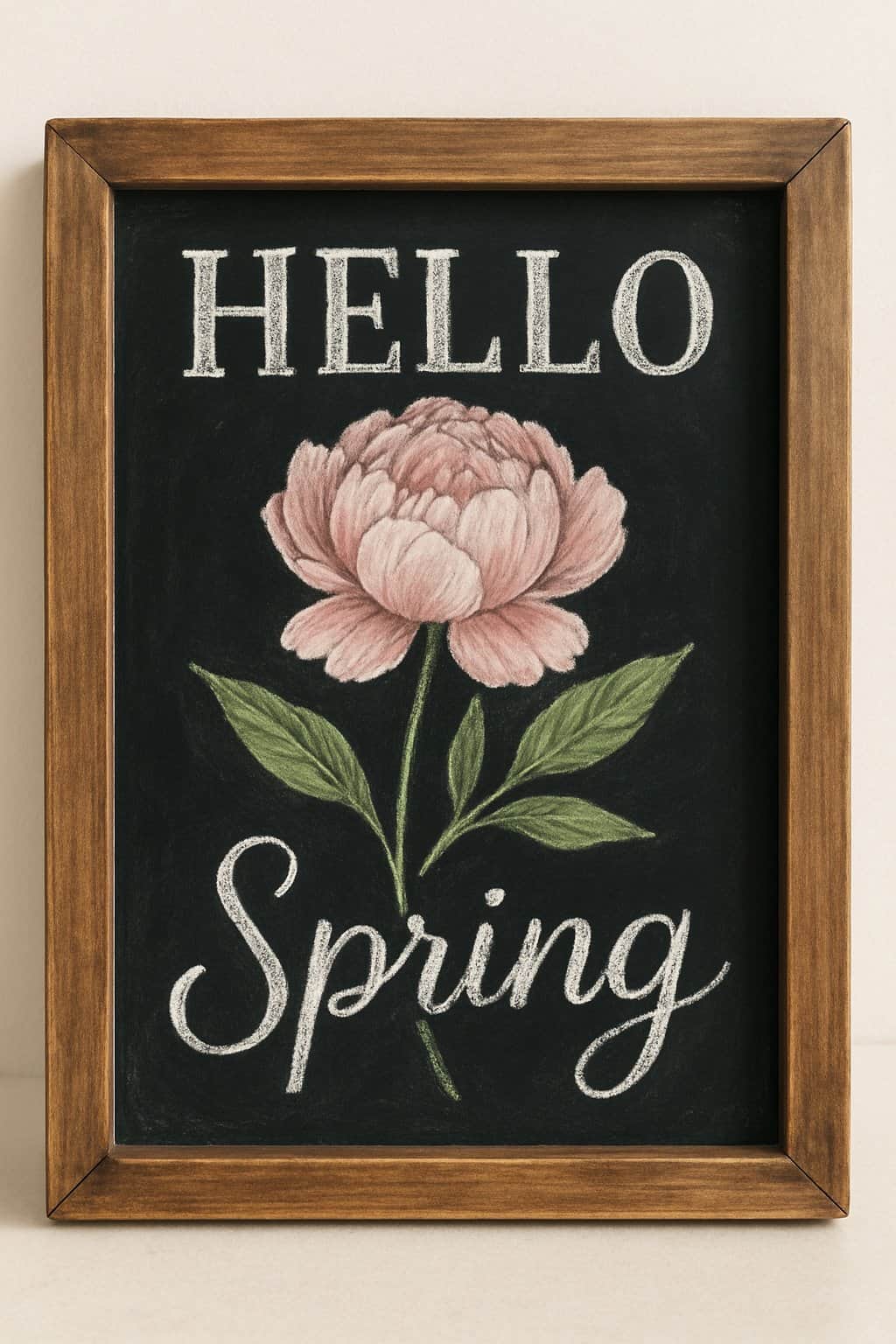 A wood-framed chalkboard with a pink peony flower sketch and spring-themed decorative lettering.