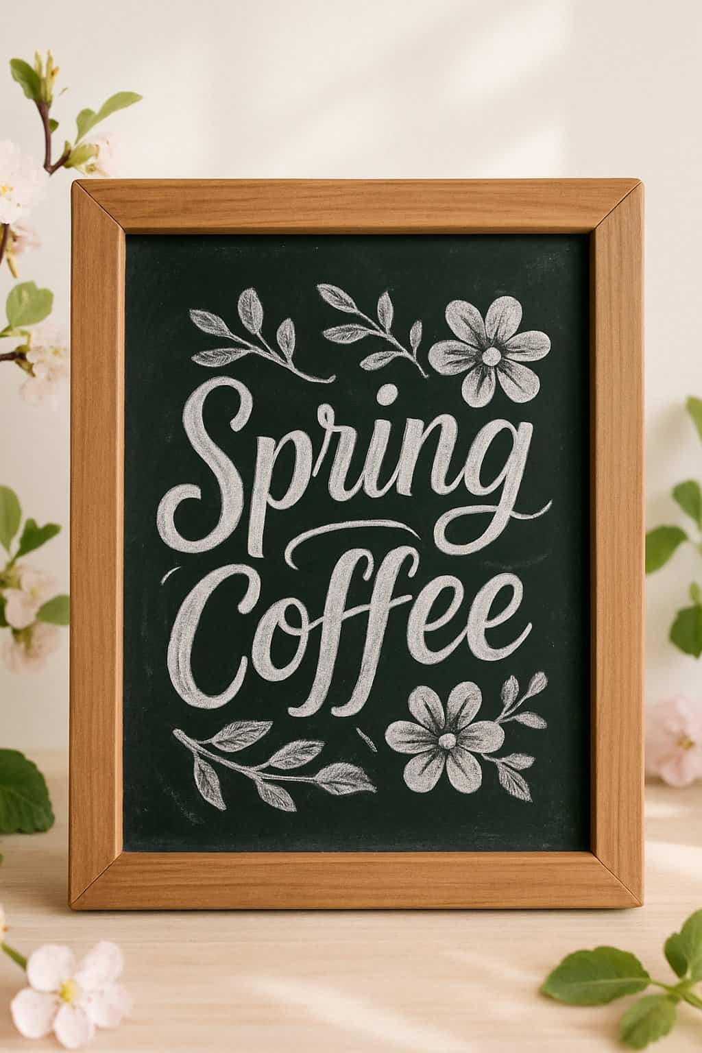 A wooden framed chalkboard sign displayed with spring-themed decorations and natural light.