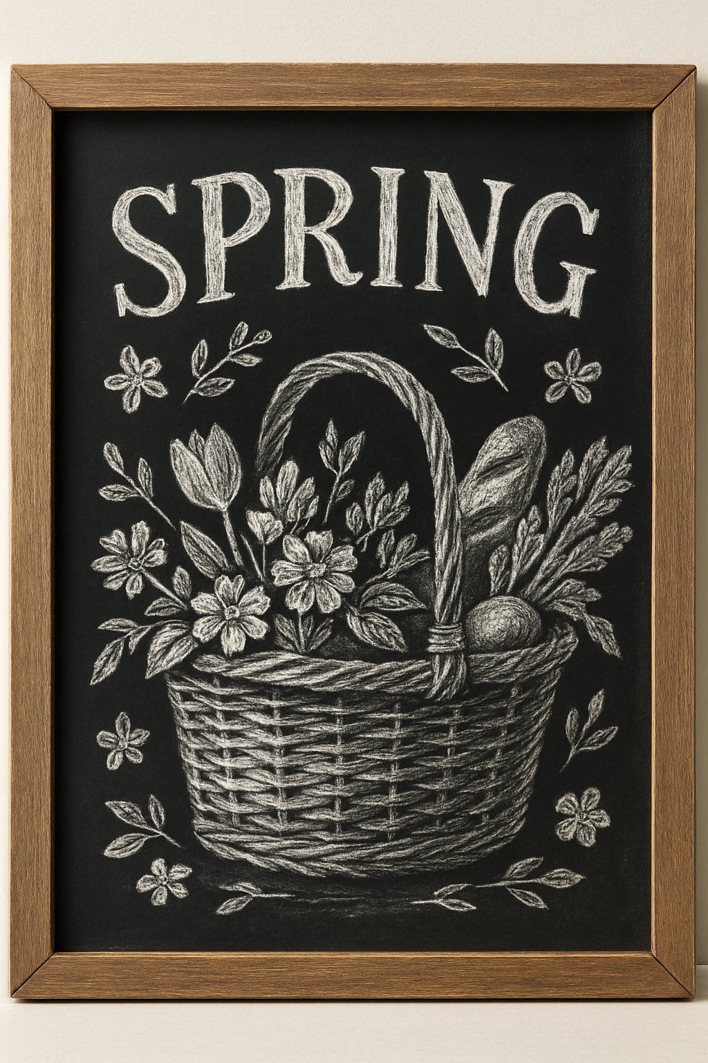 A wooden framed chalkboard sign displaying a detailed chalk sketch of a spring picnic basket filled with flowers and produce on a clean background.