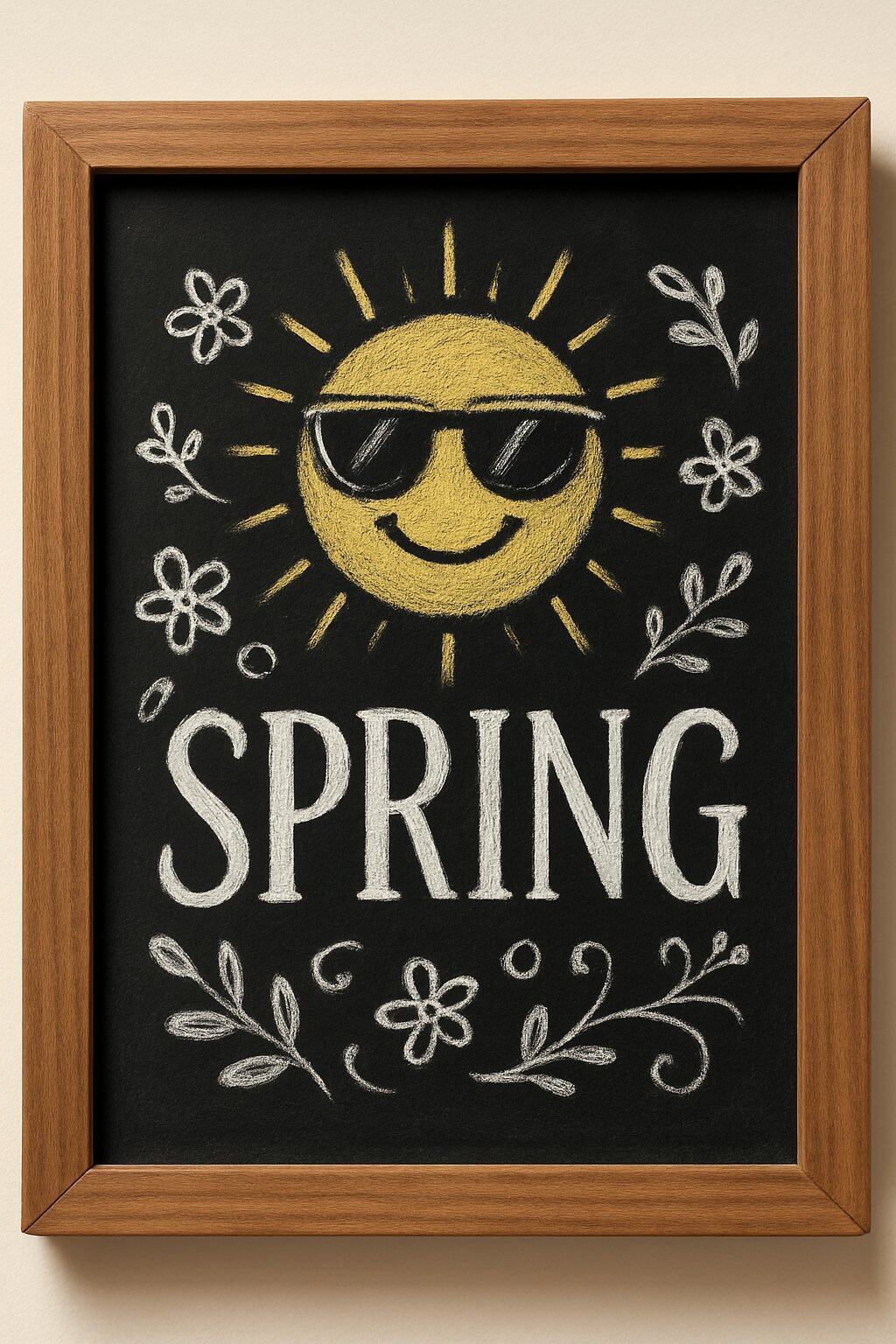 A wood framed chalkboard sign featuring a cheerful sun with sunglasses surrounded by spring flowers and leaves.
