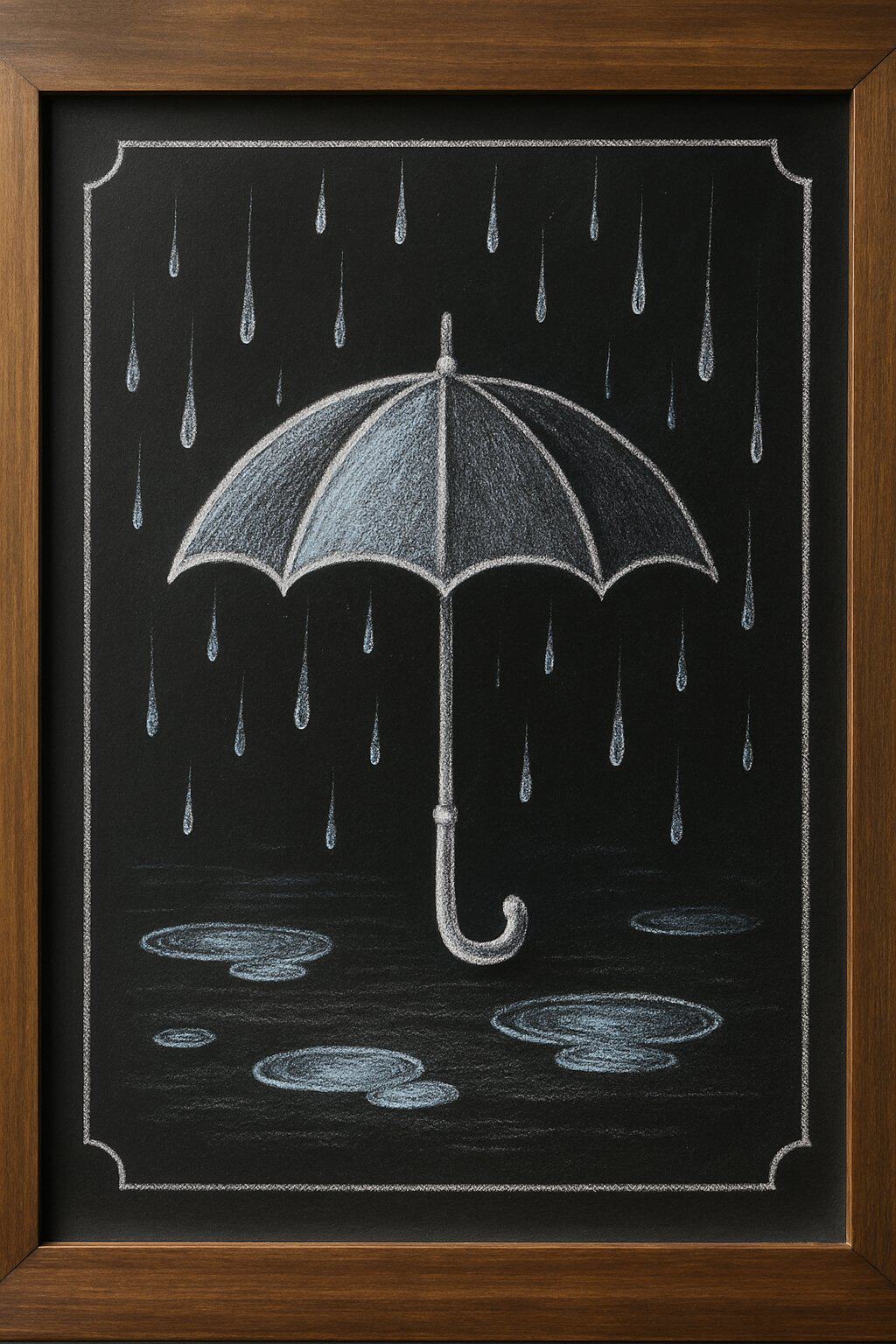 A chalkboard sign with a wooden frame showing an umbrella with raindrops and puddles on the ground.