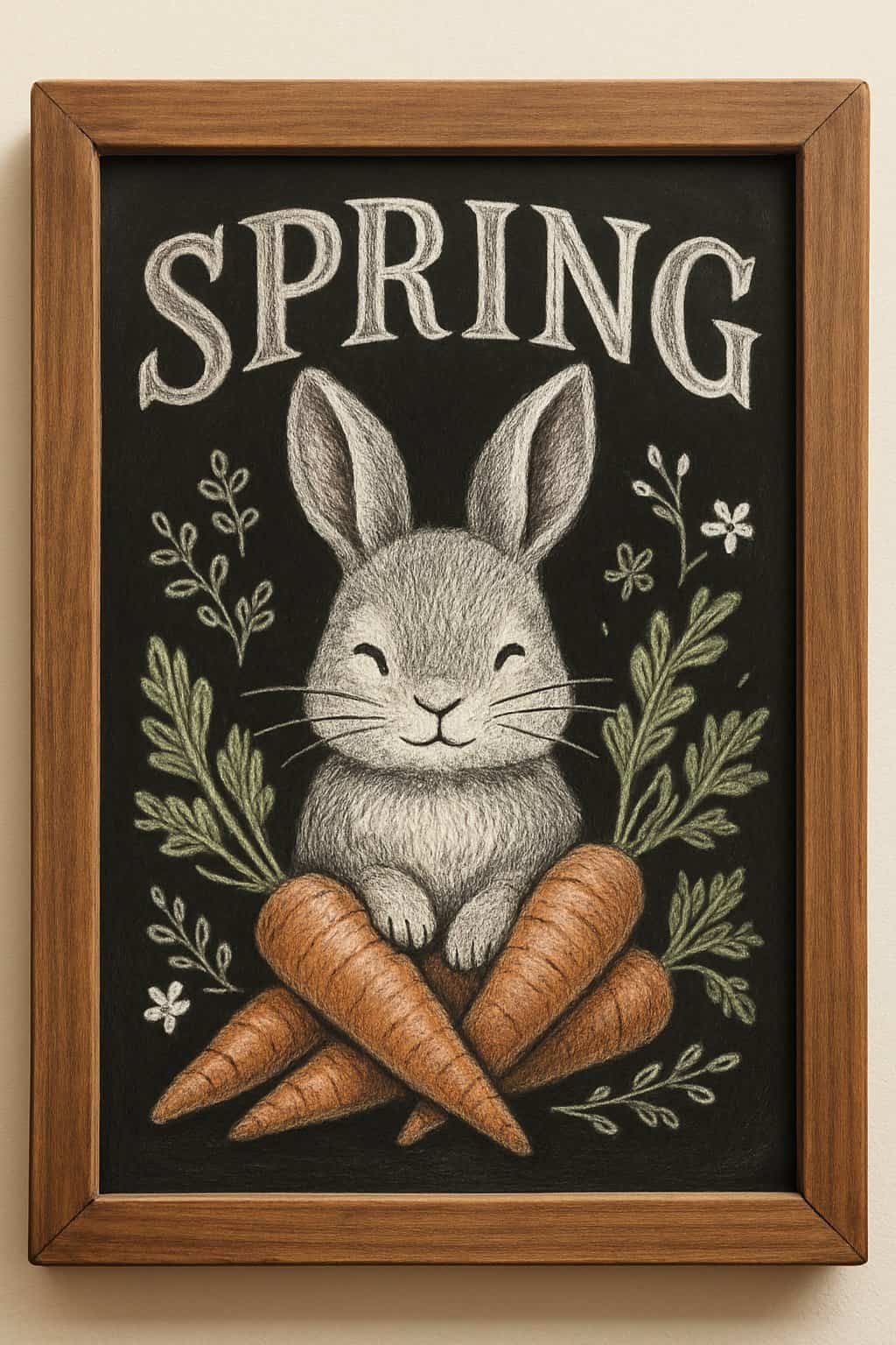 A chalkboard sign with a drawing of a cute bunny surrounded by carrots and spring flowers.
