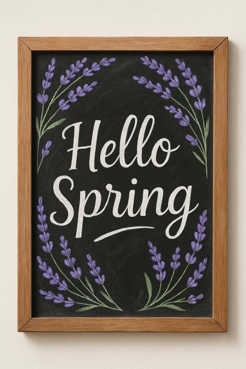 A wood framed chalkboard sign decorated with lavender stems and spring-themed chalk art.