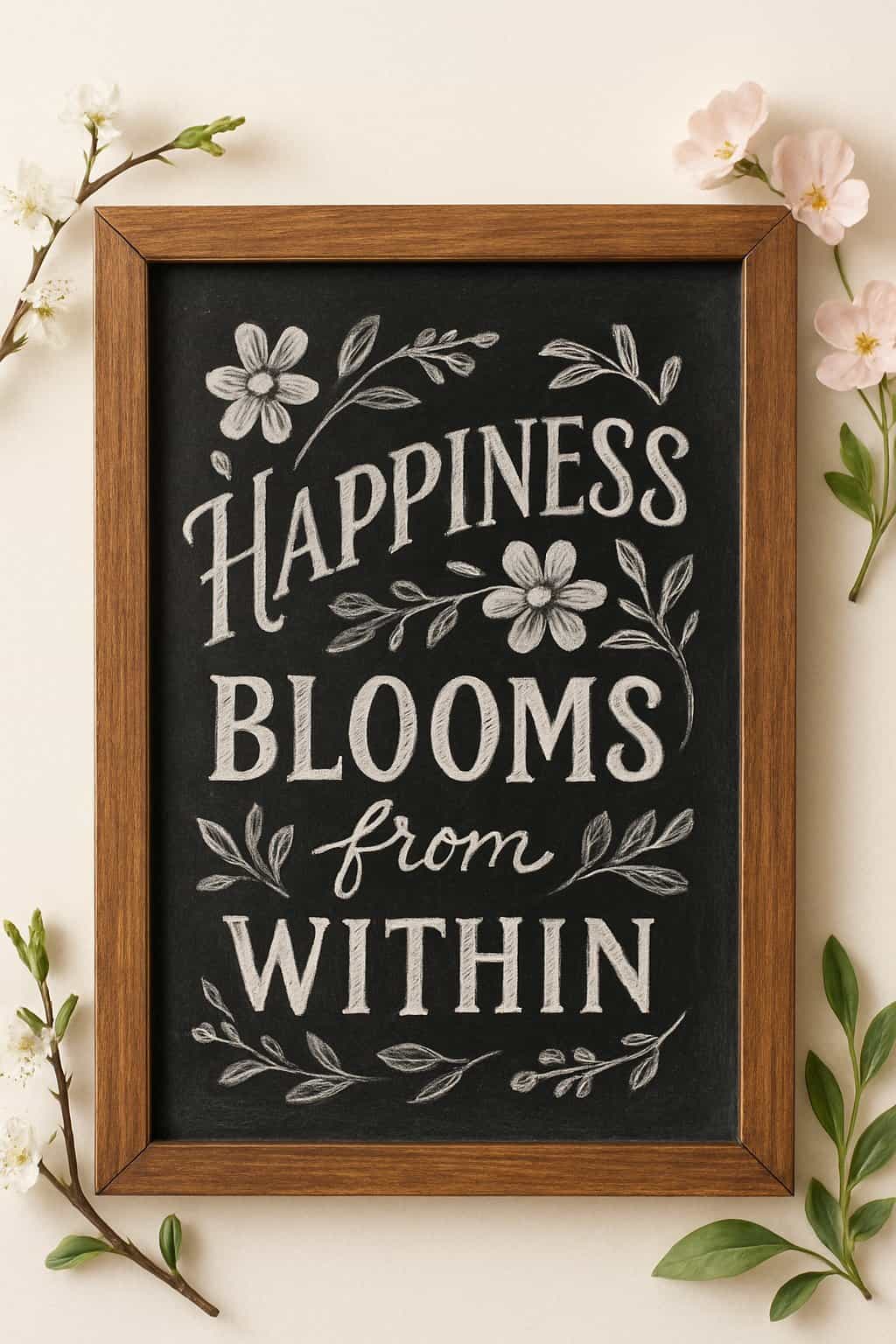 A wood framed chalkboard sign surrounded by spring flowers and greenery on a clean background.