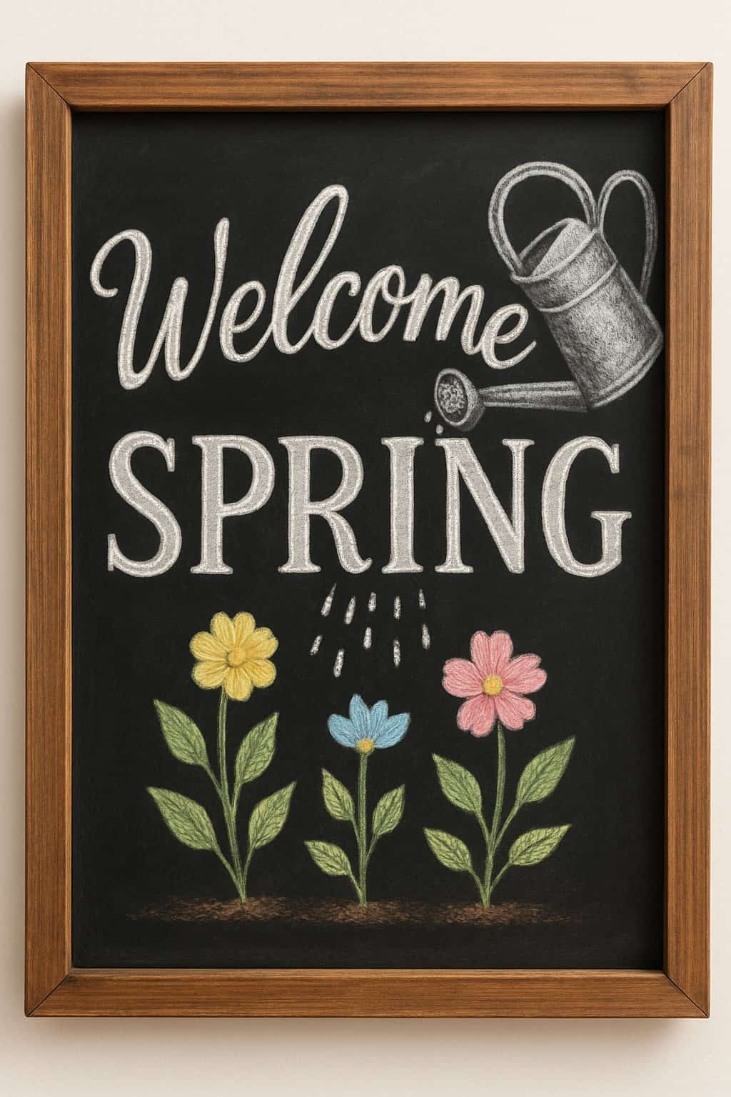 A wood framed chalkboard sign depicting a watering can pouring water onto sprouting flowers.