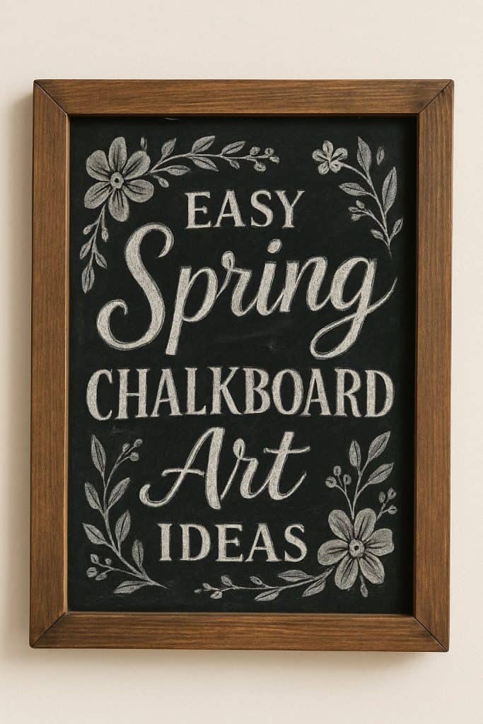 A framed chalkboard sign with hand-drawn floral designs reads: "Easy Spring Chalkboard Art Ideas" in decorative lettering.