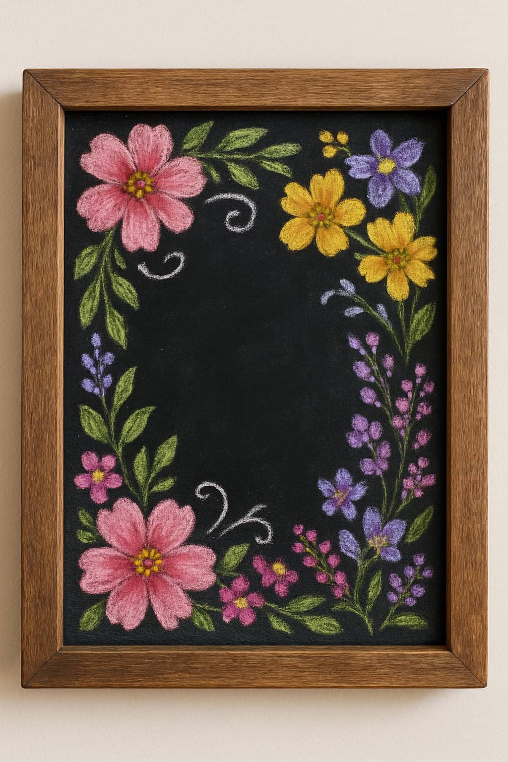 A wood framed chalkboard decorated with colorful chalk flowers and spring-themed designs on a clean background.