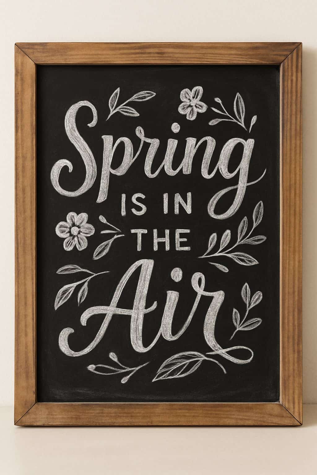 A wood framed chalkboard sign with hand drawn spring-themed lettering and floral decorations on a clean background.