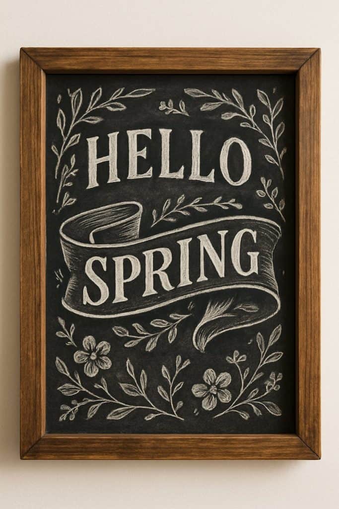 Framed chalkboard art with the words "HELLO SPRING," decorated with a ribbon, leaves, and flowers in white chalk on a black background.