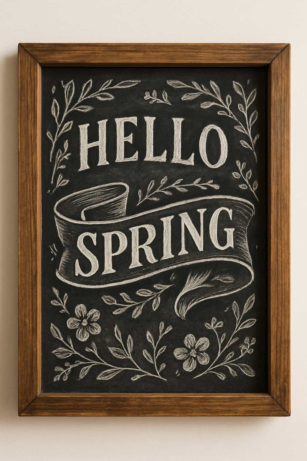 A wood-framed chalkboard sign with decorative hand-drawn designs and natural lighting on a plain background.