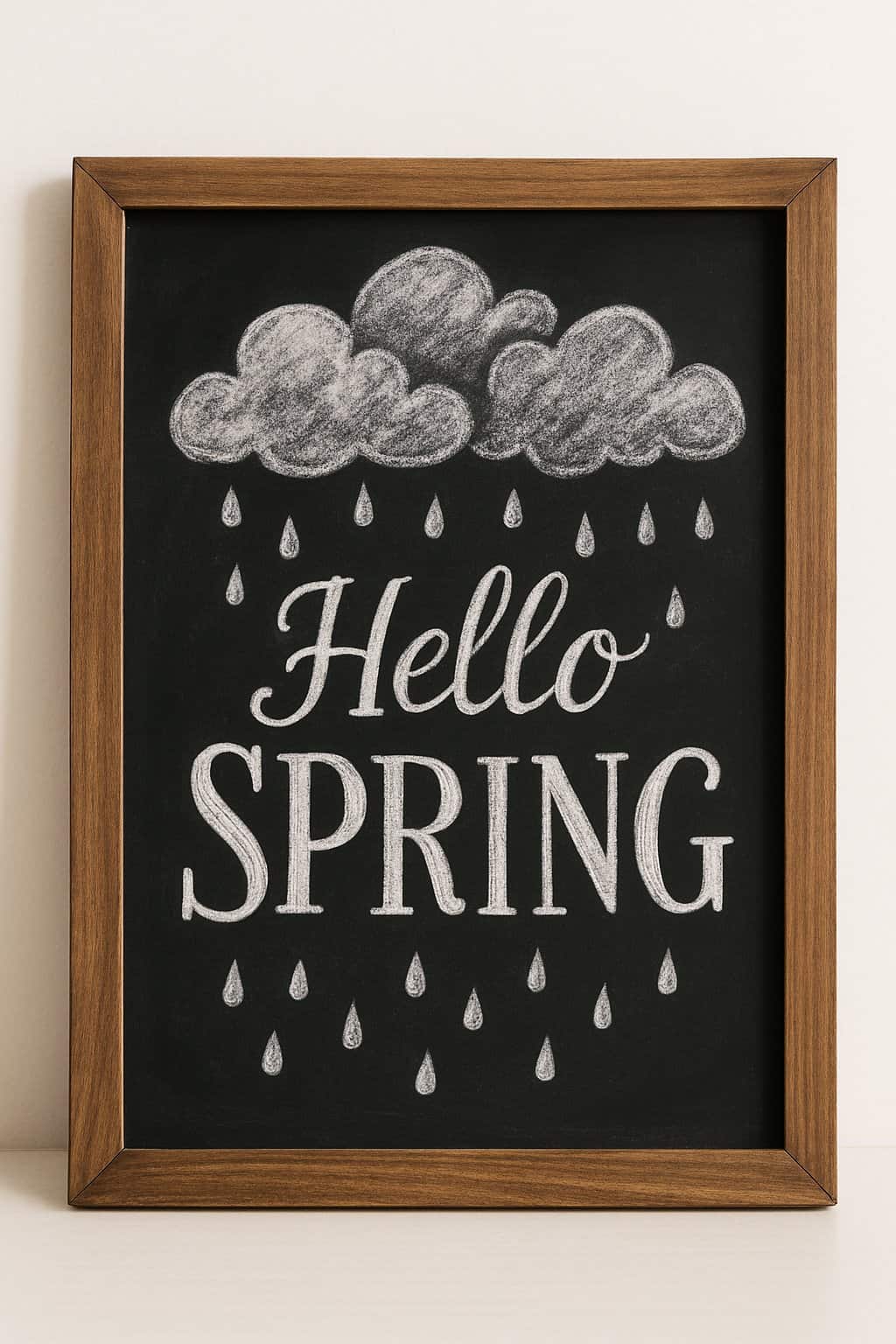 A wood framed chalkboard sign showing clouds with raindrops on a clean background.