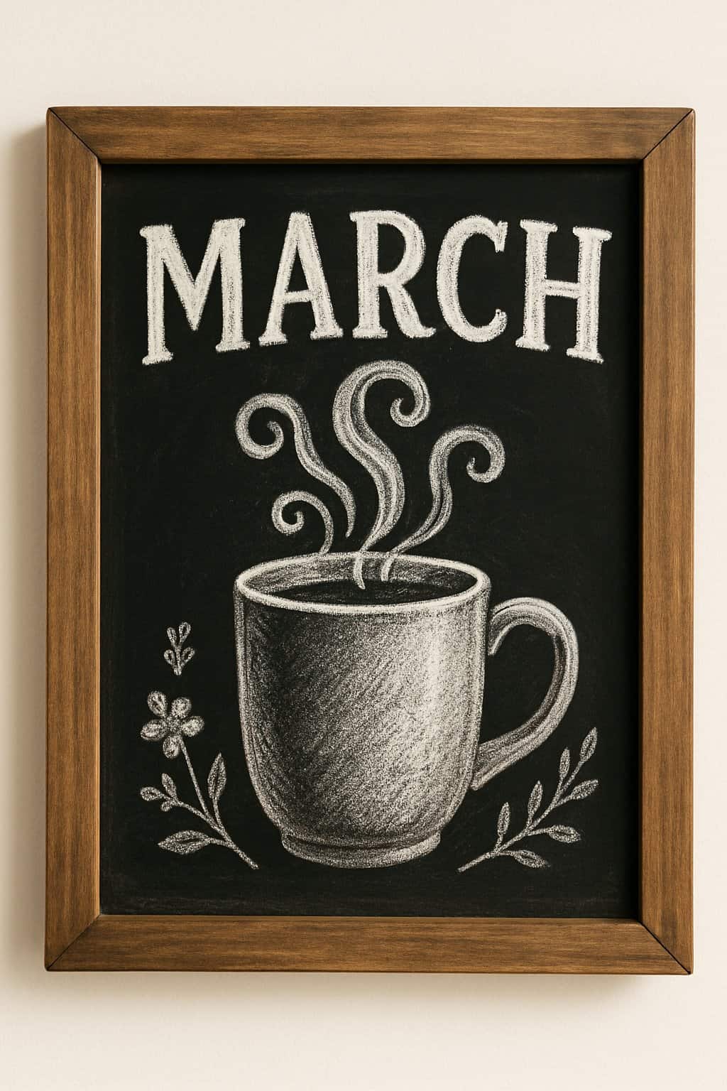 A wood-framed chalkboard sign displaying a coffee mug with steam swirls and decorative spring elements.
