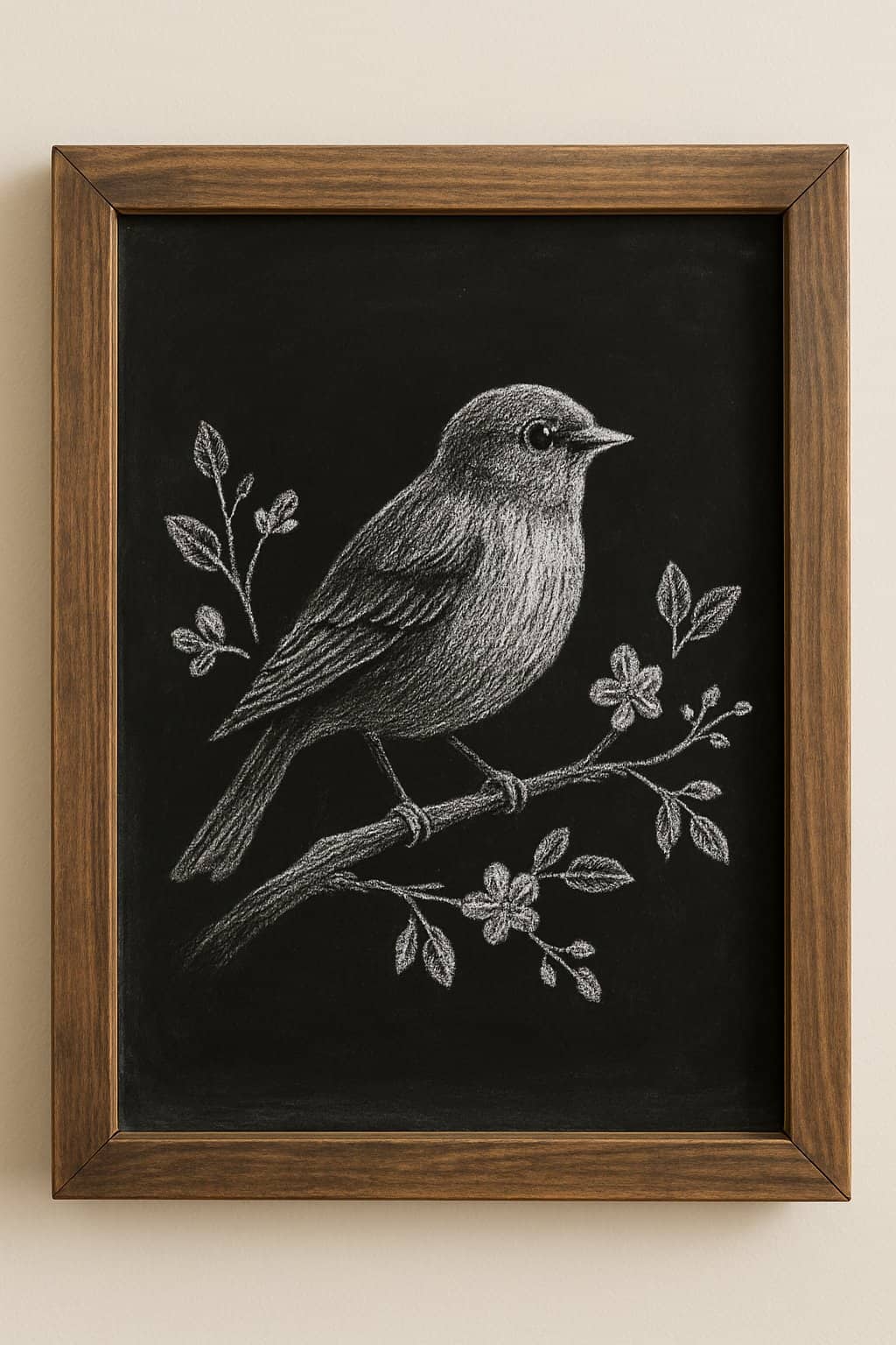 A chalkboard sign with a wooden frame showing a simple drawing of a bird sitting on a branch with leaves and blossoms.