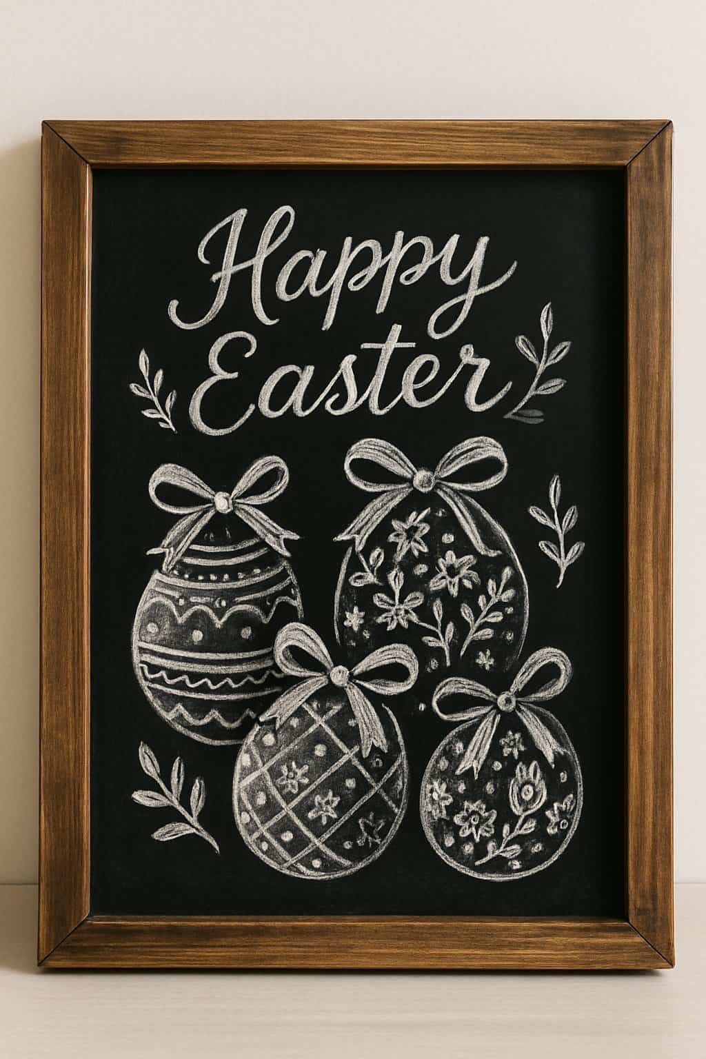 A wood framed chalkboard displaying detailed chalk drawings of patterned Easter eggs with bows.