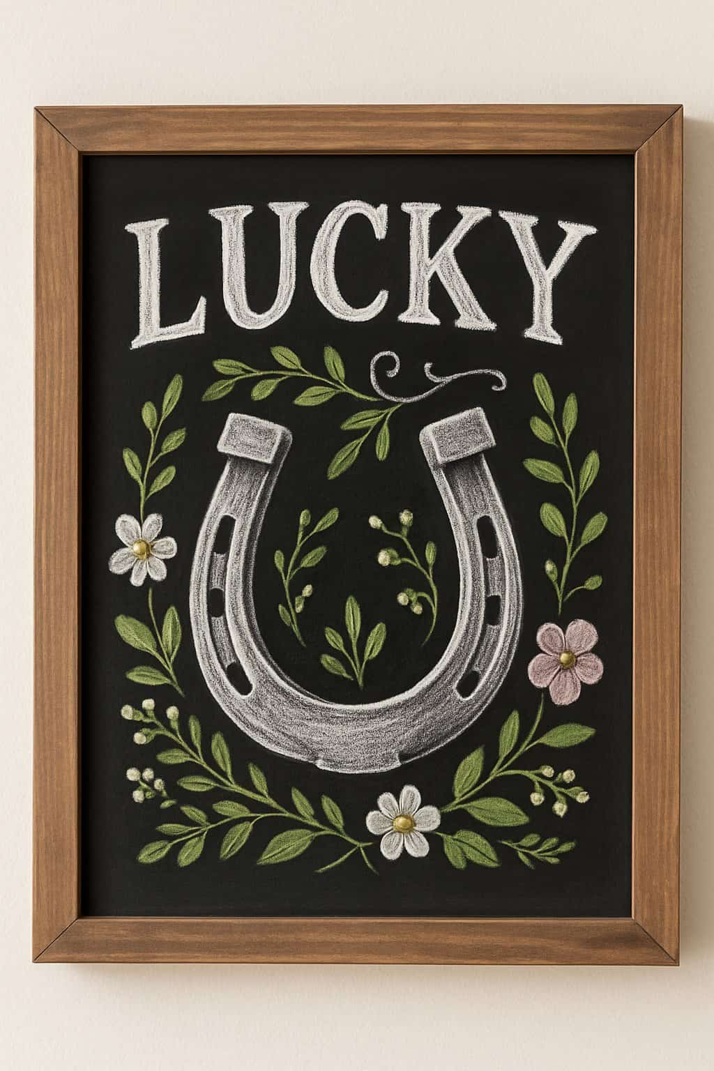 A wood framed chalkboard sign displaying a detailed horseshoe illustration surrounded by spring flowers and greenery.