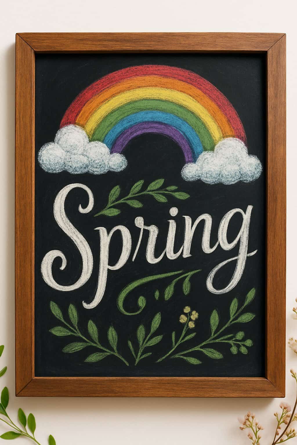 A wood framed chalkboard sign with a bright rainbow and fluffy clouds on a clean background.