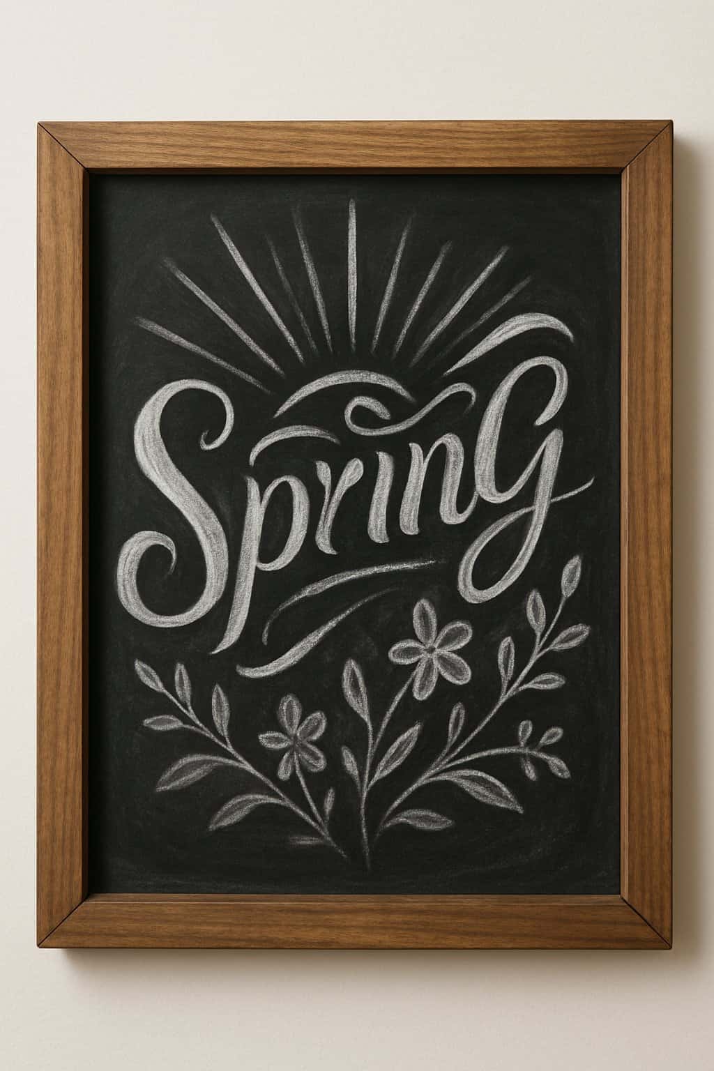 A wooden framed chalkboard sign with artistic chalk designs of sunshine rays and spring elements, placed against a clean background with natural light.