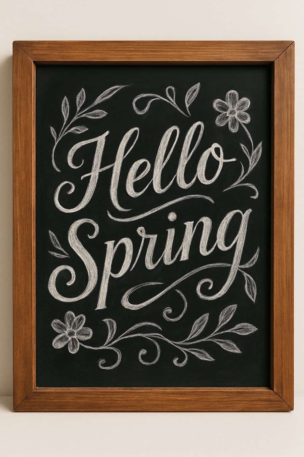 A wood-framed chalkboard sign with hand-lettered spring-themed artwork surrounded by subtle floral decorations.