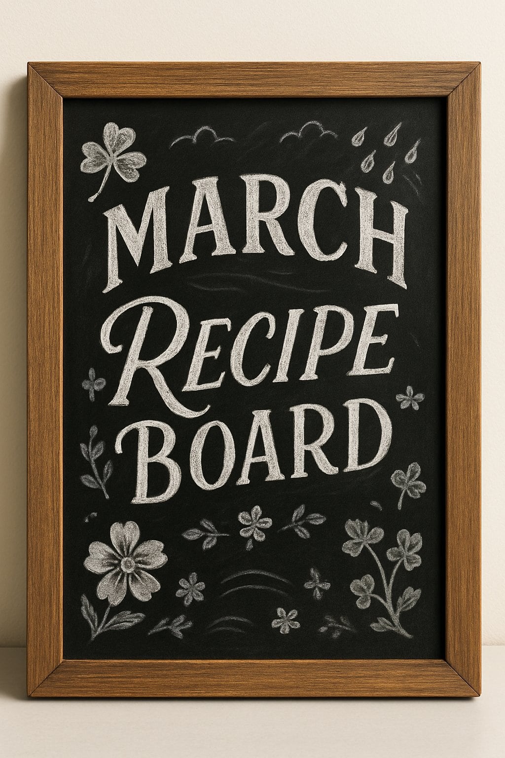 A wood-framed chalkboard displaying hand-drawn recipe-themed artwork with seasonal decorative elements.