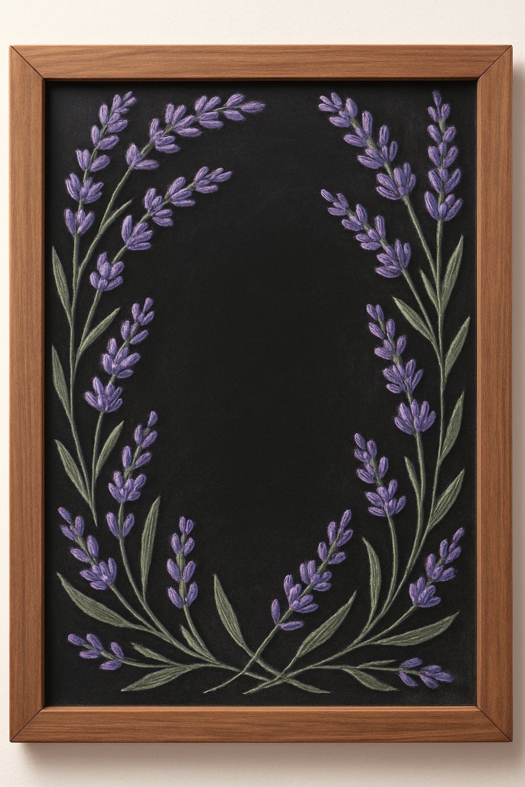A wood framed chalkboard with detailed chalk drawings of fresh lavender sprigs arranged around the edges.