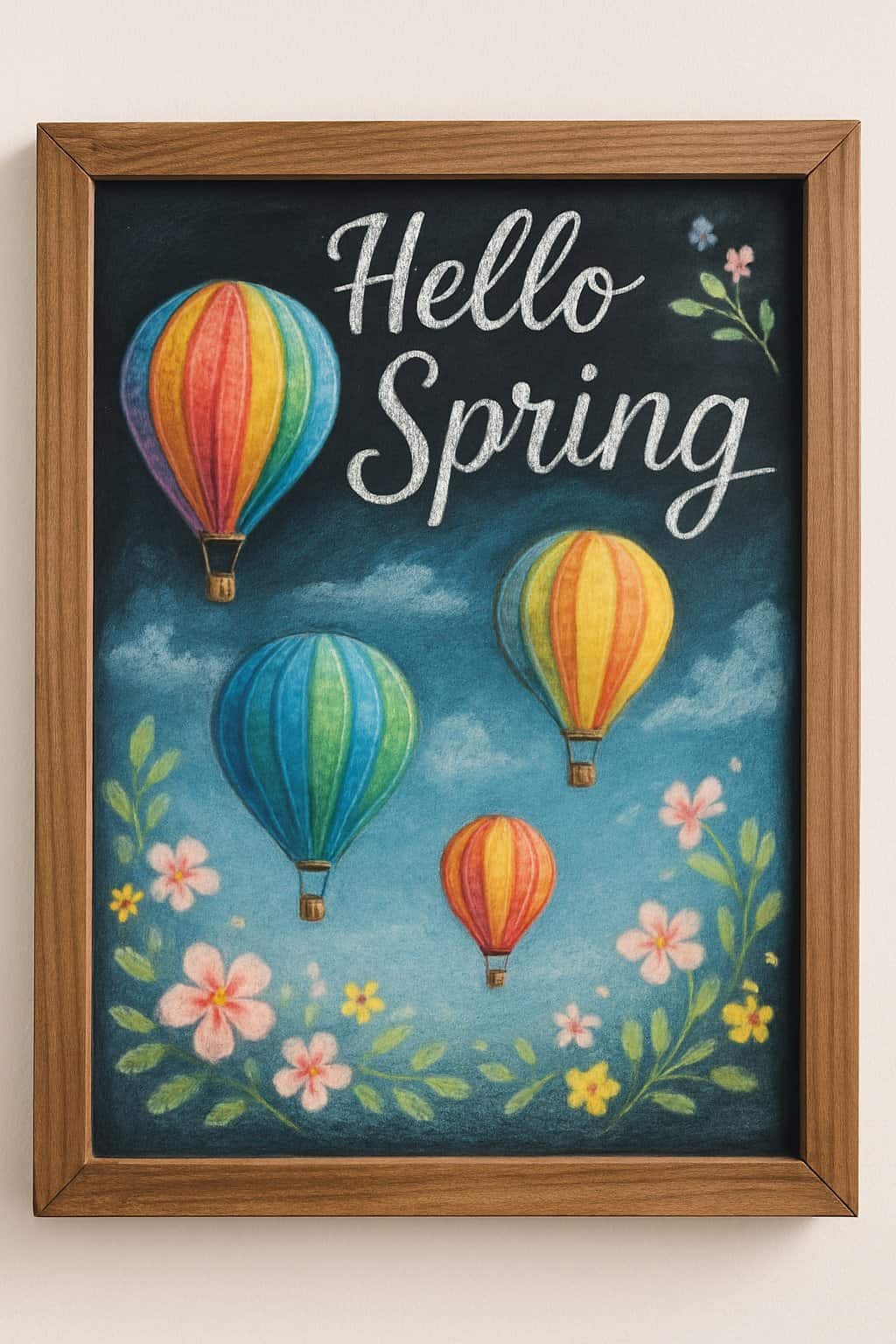 A chalkboard sign with colorful hot air balloons floating in a clear sky surrounded by spring-themed floral accents.