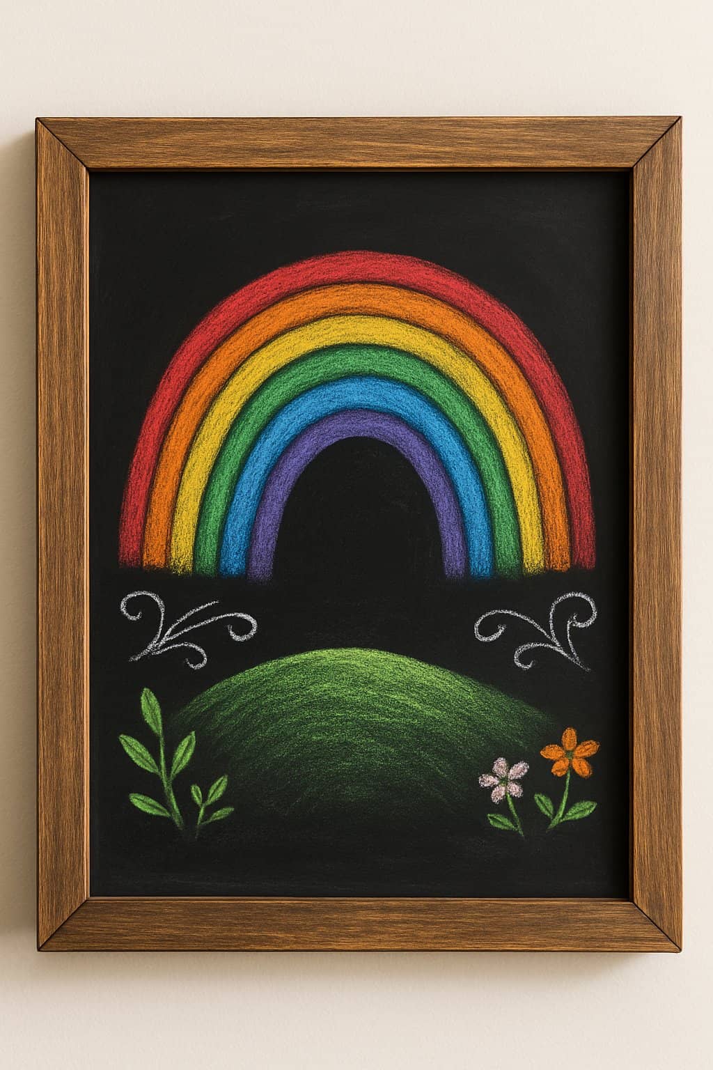 A chalkboard sign with a rainbow arching over a hill, decorated with small flowers and leaves.