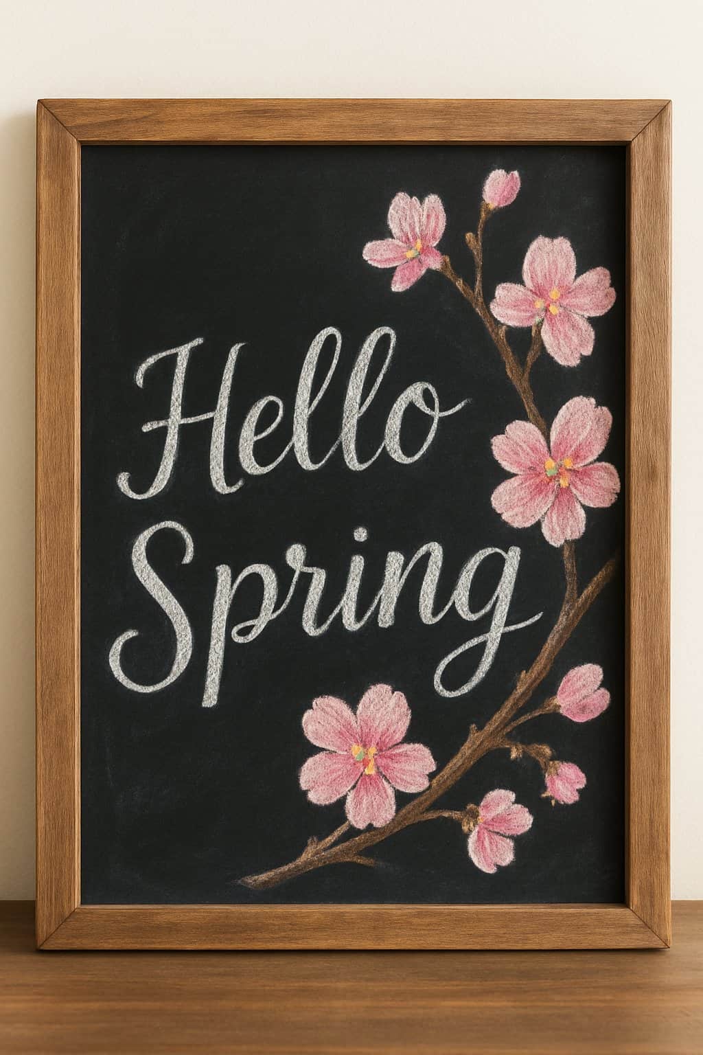 A wood framed chalkboard with pink cherry blossoms on a branch drawn on it.