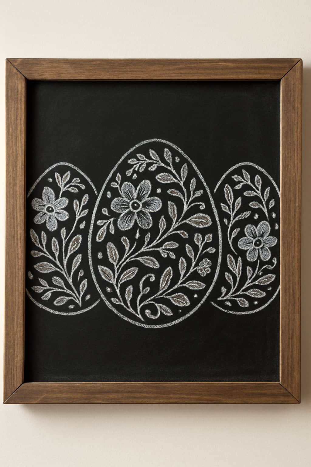 A wooden framed chalkboard displaying detailed spring-themed egg-shaped patterns drawn in white chalk, surrounded by floral and leaf designs.