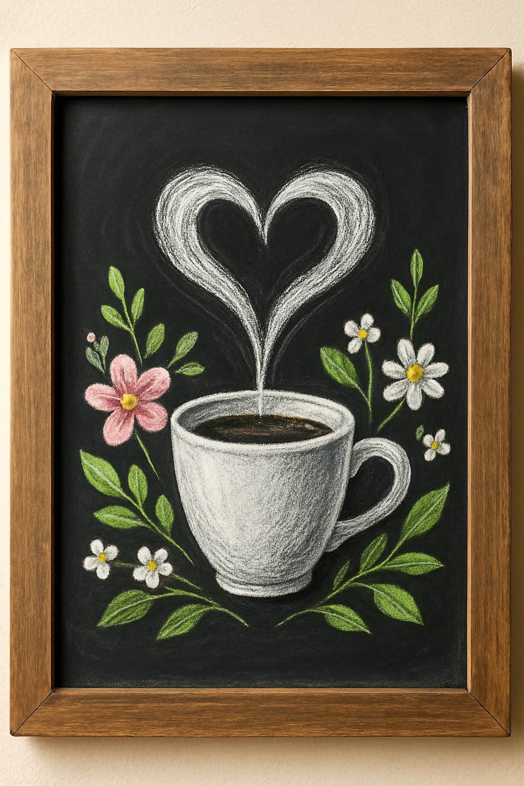A wood framed chalkboard sign displaying a coffee cup with heart-shaped steam surrounded by spring flowers and leaves.