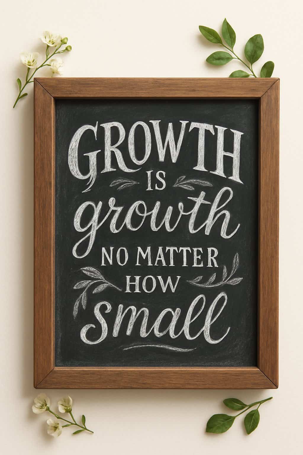 A wooden framed chalkboard displayed with artistic lettering surrounded by spring flowers and greenery.