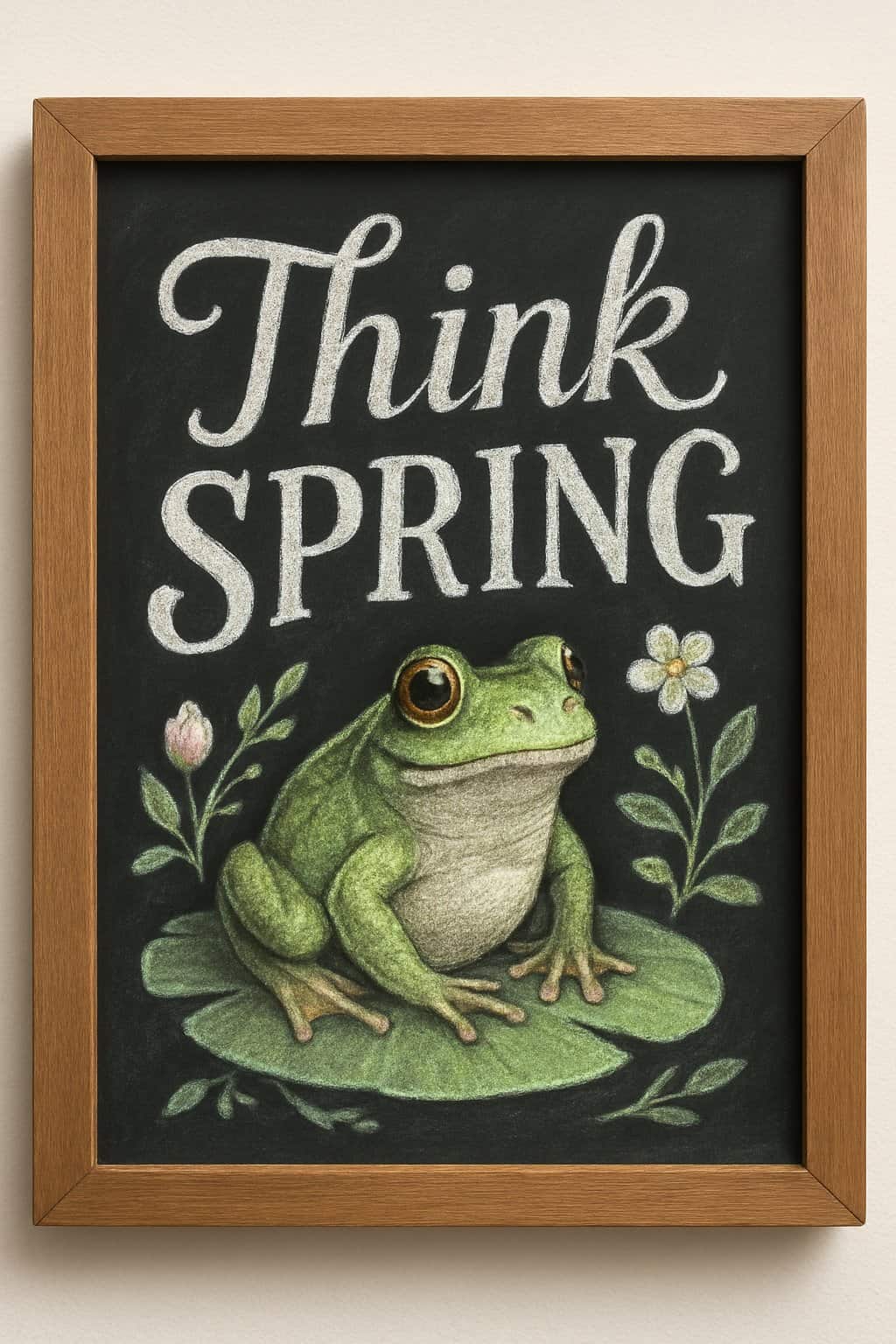 A chalkboard sign with a drawing of a frog sitting on a lily pad surrounded by spring flowers.