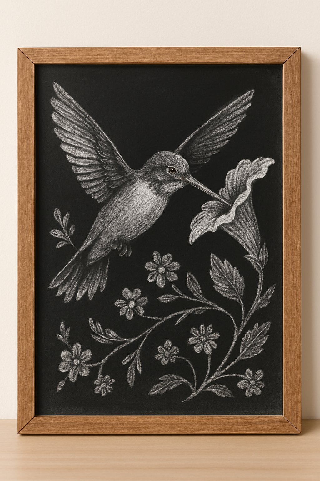 A wooden framed chalkboard with a detailed chalk drawing of a hummingbird drinking nectar from flowers.
