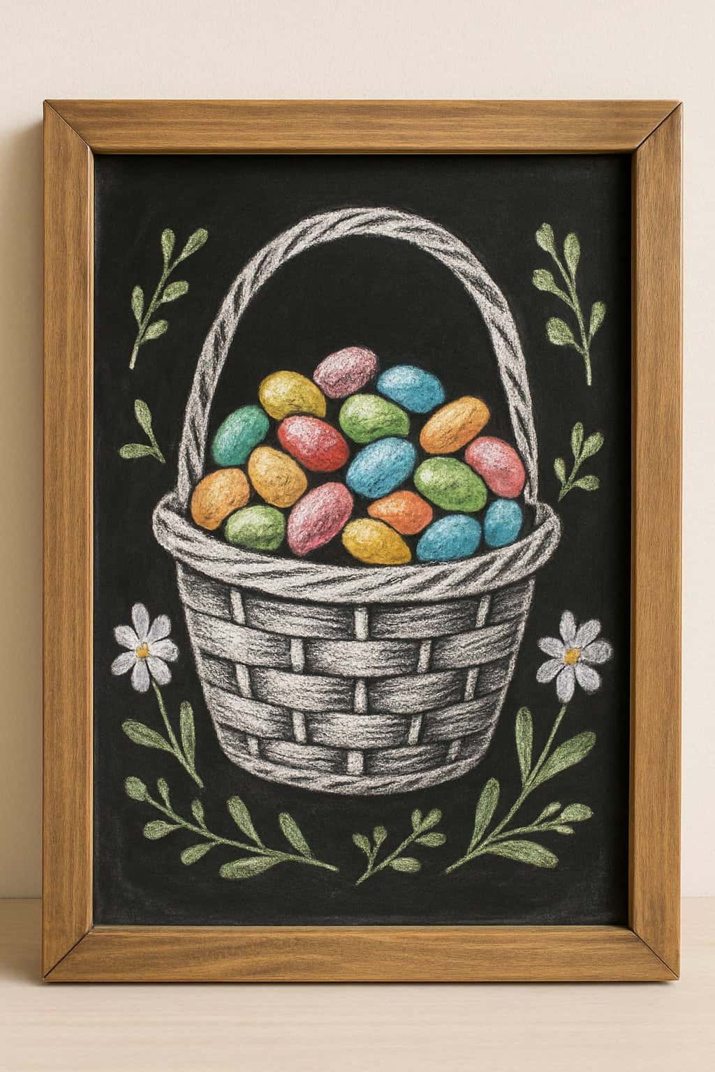 A wooden framed chalkboard sign displaying a colorful Easter basket filled with jellybeans and surrounded by spring flowers and greenery.