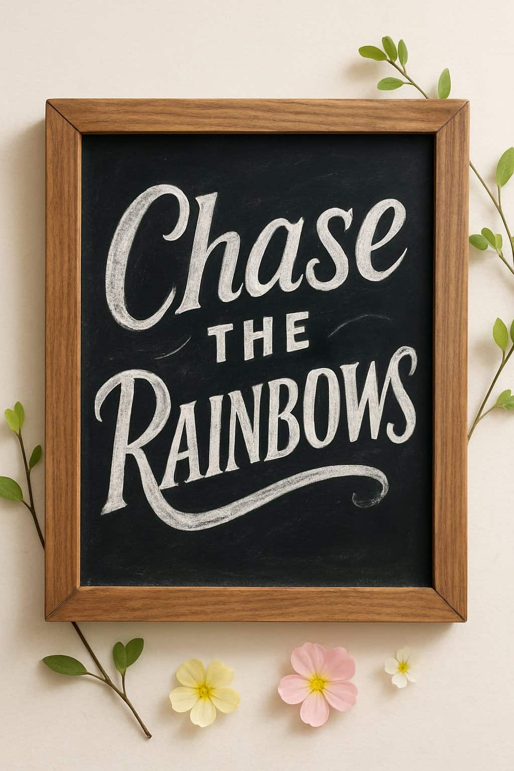 A wood framed chalkboard sign with artistic chalk lettering surrounded by green leaves and small flowers.